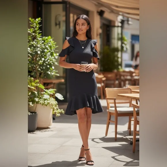 Cinq a Sept Elegant Navy Dress with Ruffle Detailing | size 4 | EUC - Picture 2 of 12